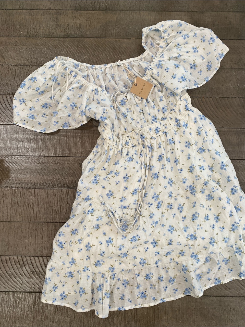 Blu Pepper White Dress with Blue Floral Print - Puff Sleeve Casual Dress